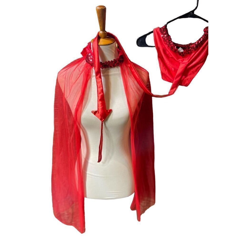 She Devil Sheer Cape with Sequined choker neck and hood with Gold Horns& Red pai